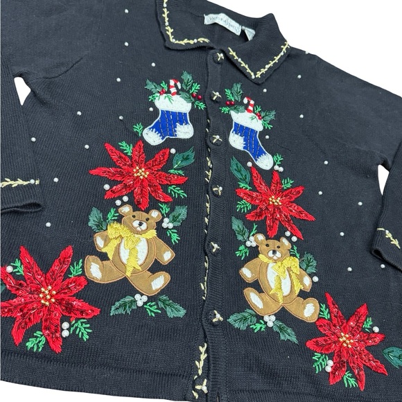 🎄 Vintage Victoria Jones Black Christmas Cardigan Sweater - Size M - 🎄🧸 - Picture 2 of 8